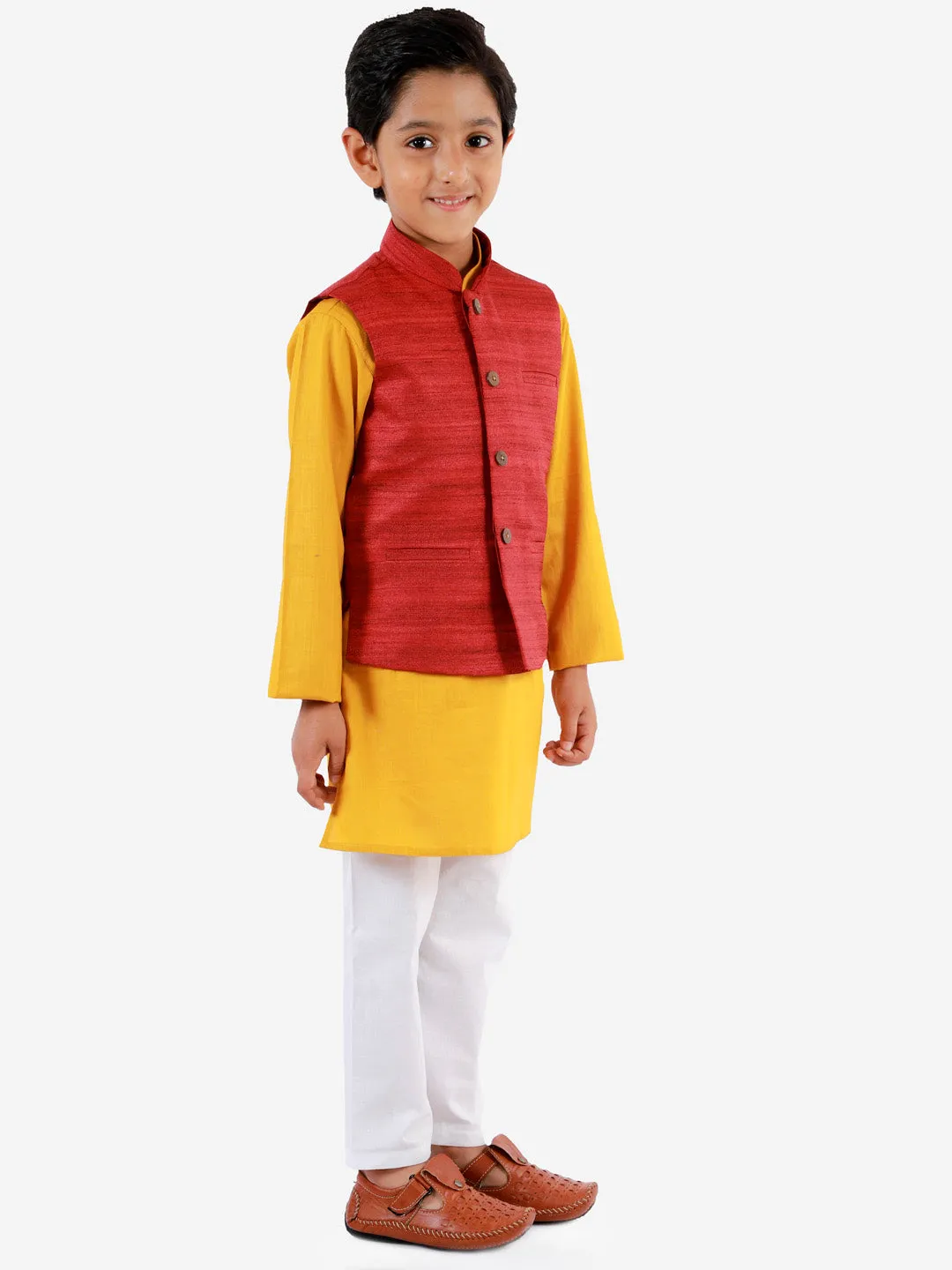 Vastramay Boys Maroon, Mustard And White Jacket, Kurta and Pyjama Set