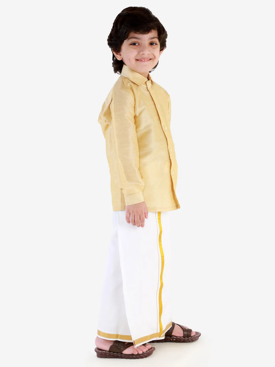 VASTRAMAY Men's & Boys Gold Solid Silk Blend Full Sleeve Ethnic Shirt And Mundu Set