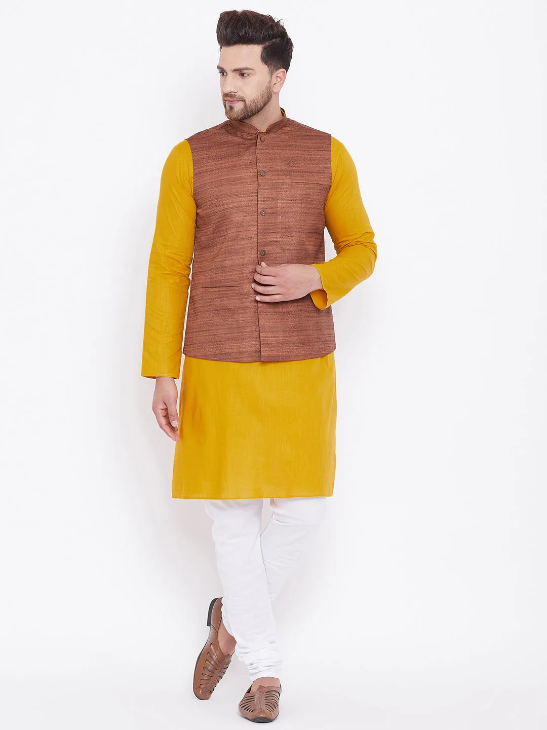 VASTRAMAY Men's Coffee Brown, Mustard And White Cotton Blend Jacket, Kurta and Pyjama Set