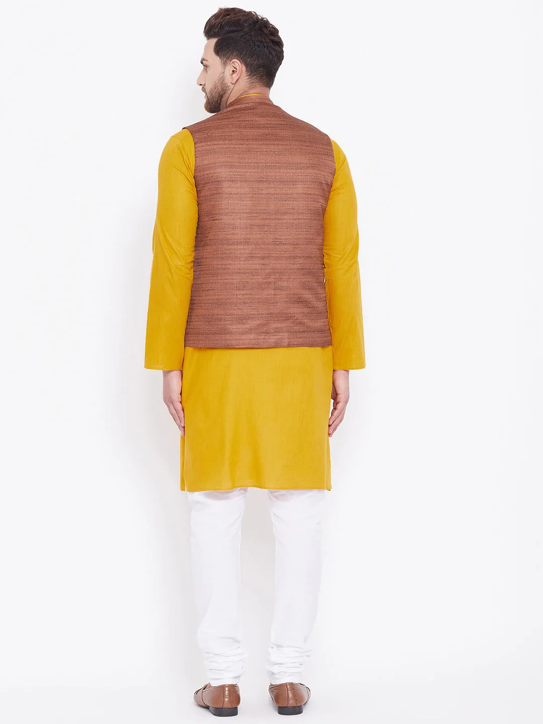 VASTRAMAY Men's Coffee Brown, Mustard And White Cotton Blend Jacket, Kurta and Pyjama Set