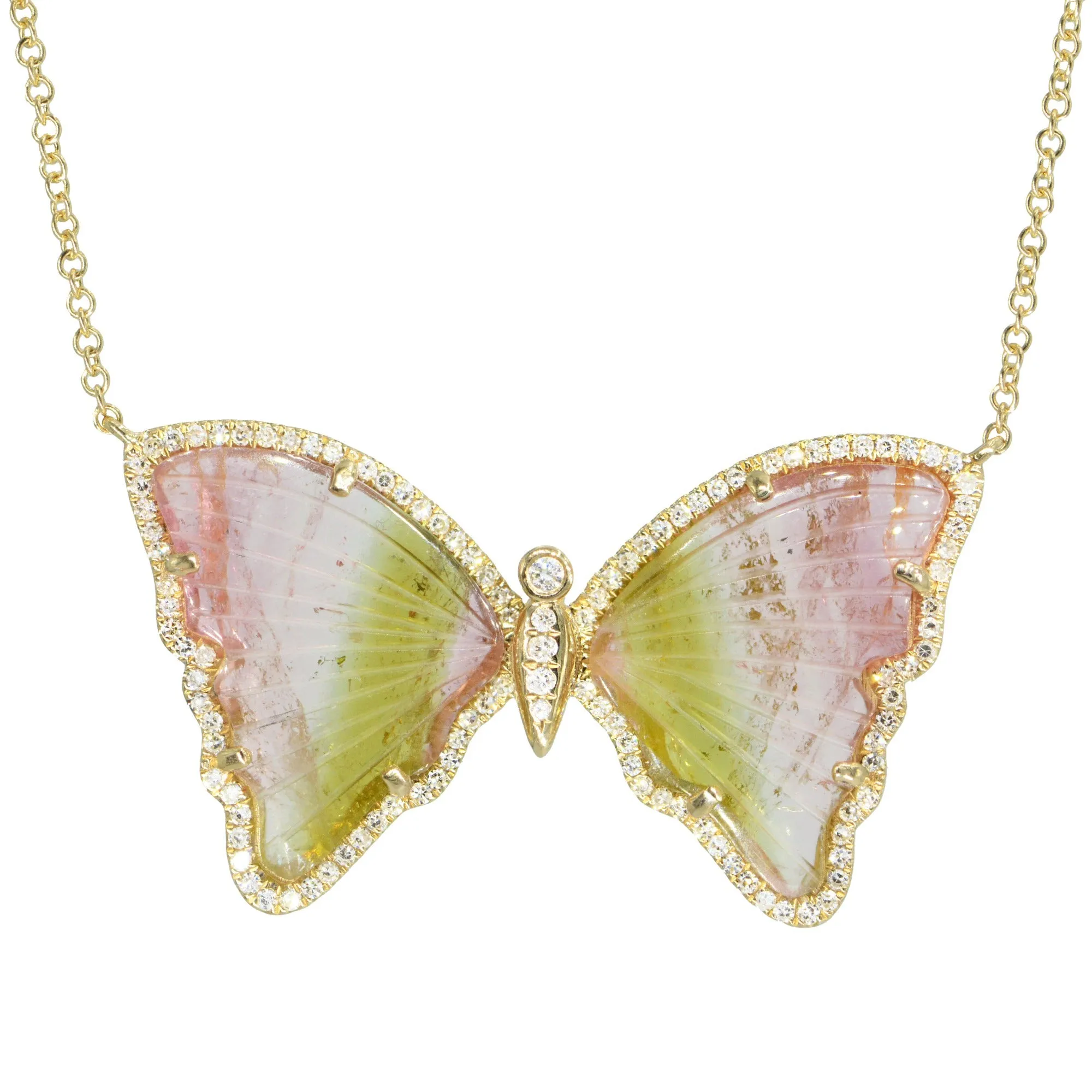 Watermelon Pink White and Green Tourmaline Butterfly Necklace with Diamonds