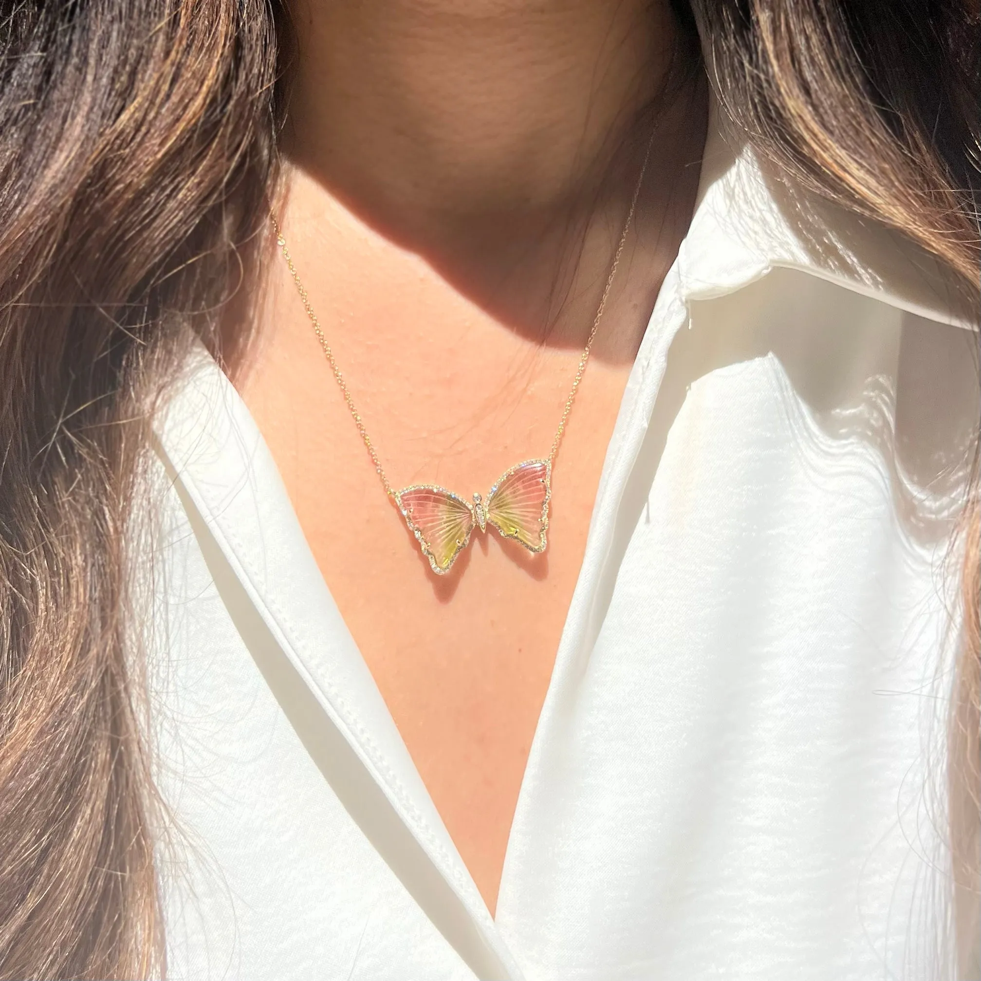 Watermelon Pink White and Green Tourmaline Butterfly Necklace with Diamonds