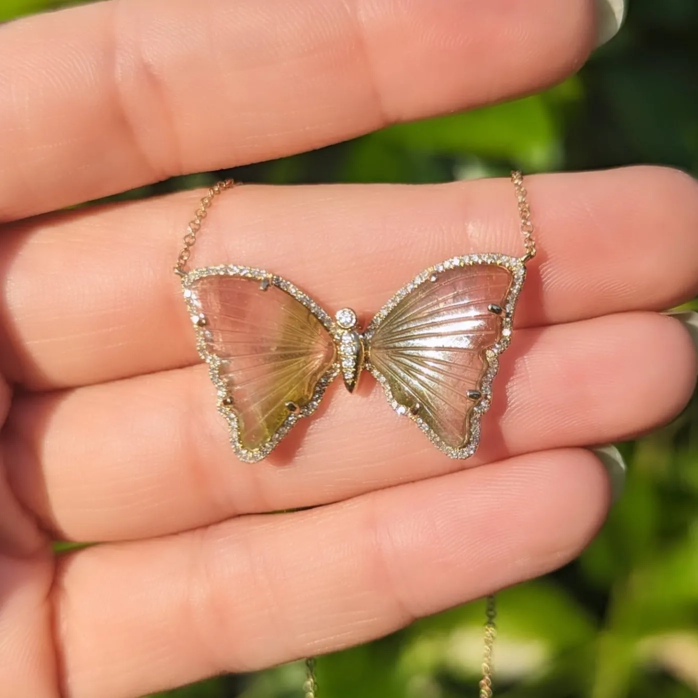 Watermelon Pink White and Green Tourmaline Butterfly Necklace with Diamonds