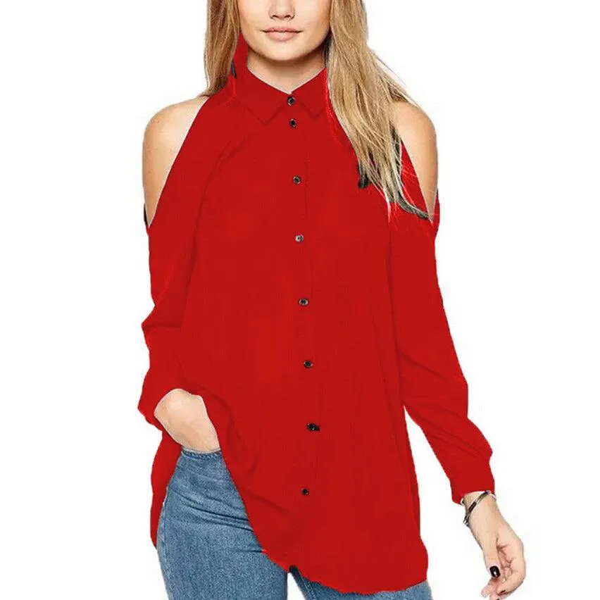 Women's Full Sleeve Off Shoulder Long Shirt with Collar and Button