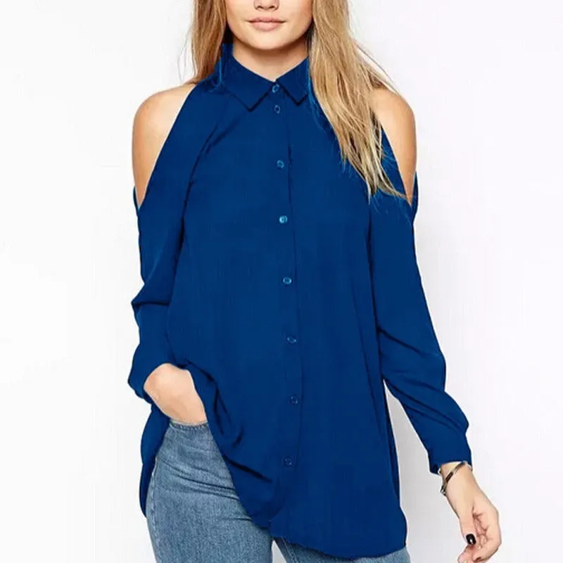 Women's Full Sleeve Off Shoulder Long Shirt with Collar and Button