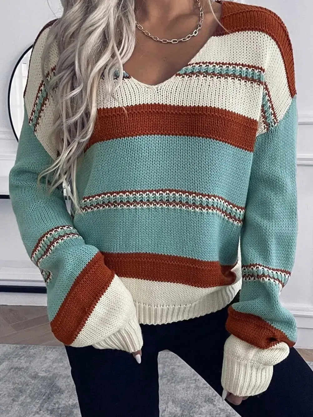 Women's Striped V-Neck Knit Sweater in Blue