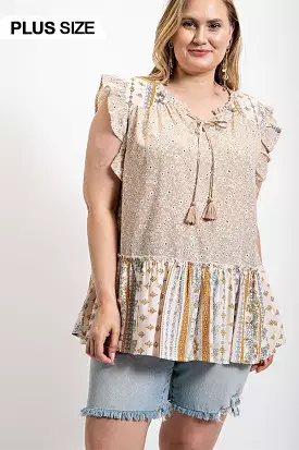 Woven Prints Mixed And Sleeveless Flutter Top With Tassel Tie