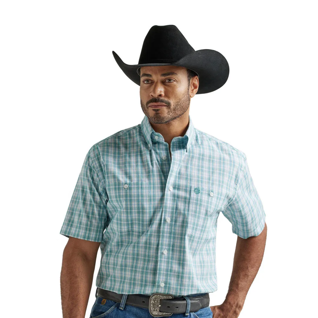 Wrangler Men's George Straight Short Sleeve Aqua Plaid Snap Shirt