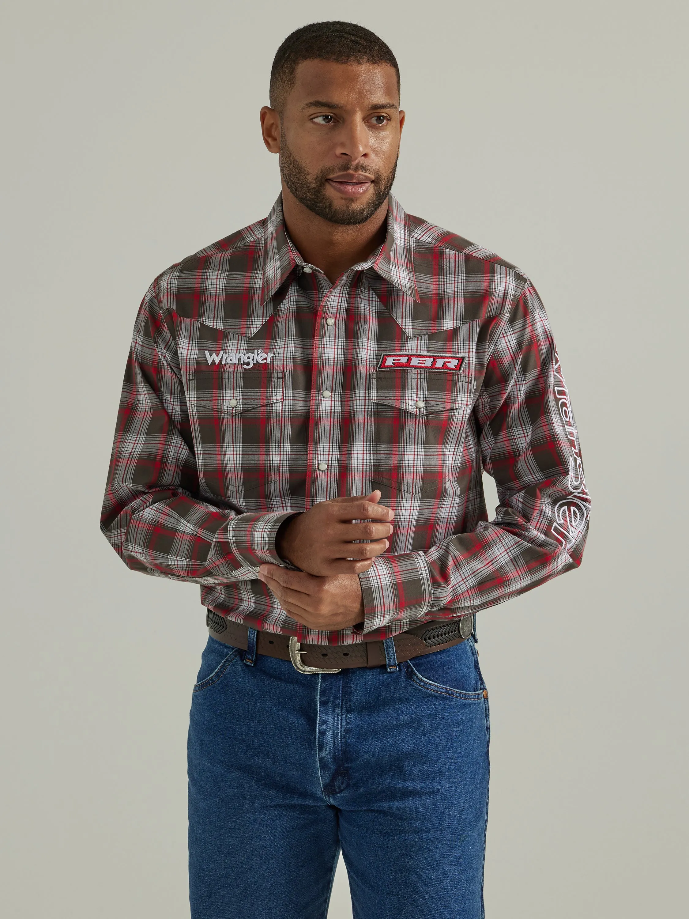 Wrangler Men's PBR Logo Red Plaid Shirt