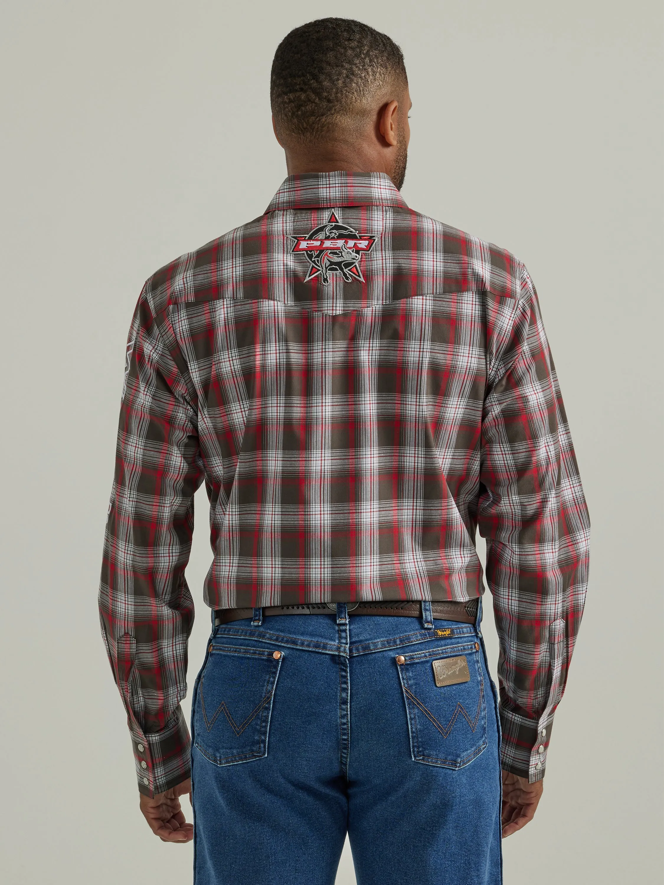 Wrangler Men's PBR Logo Red Plaid Shirt