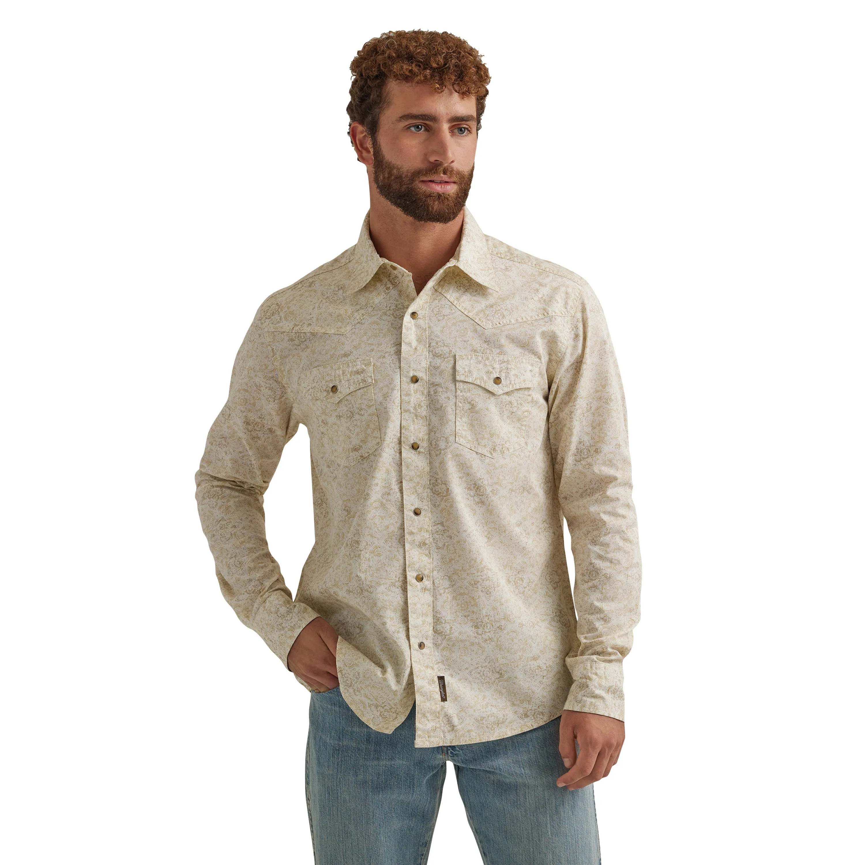 Wrangler Men's Retro Premium Long Sleeve Western Snap Printed Shirt in off White