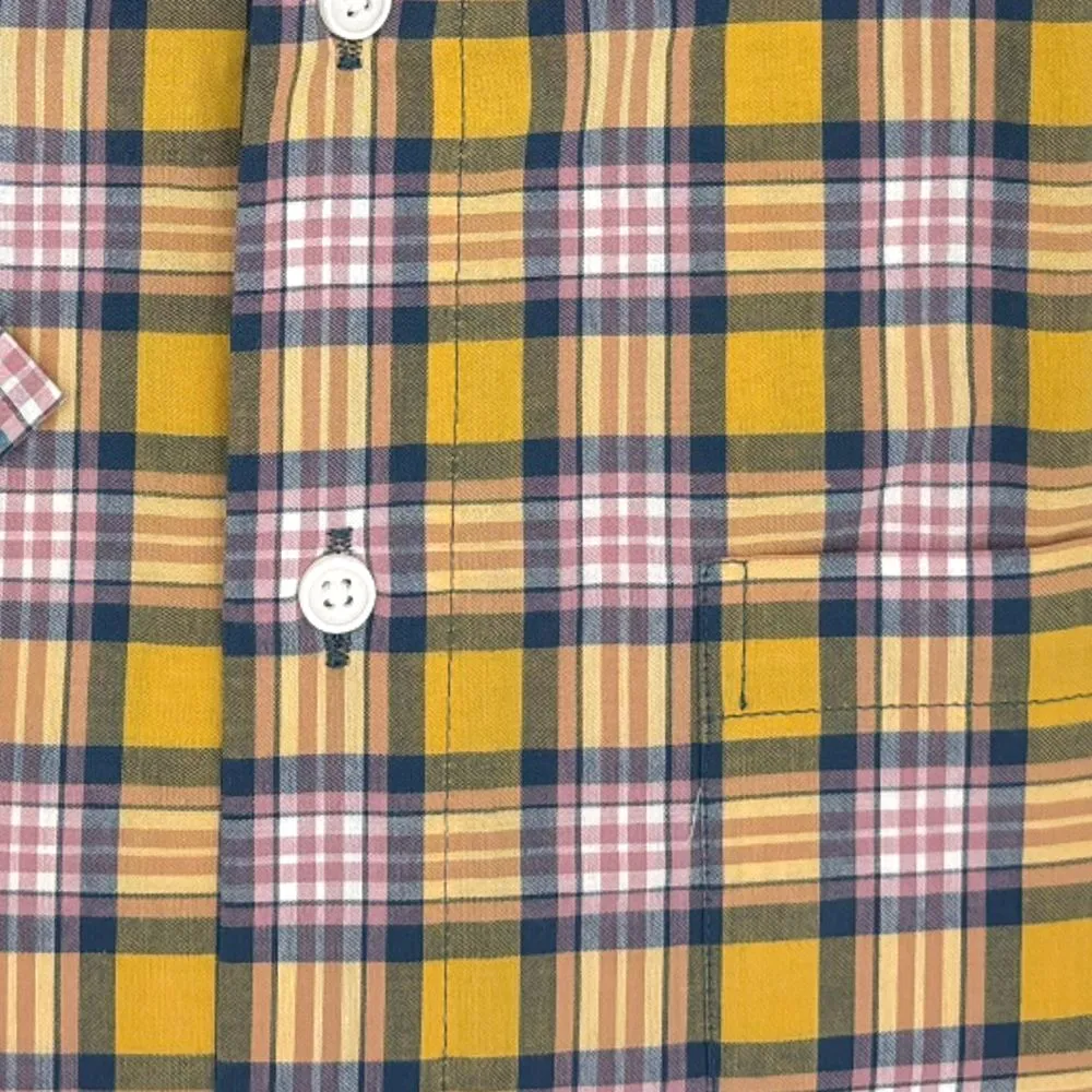 Yellow, Navy, and Pink Plaid Short Sleeve Stretch Cotton Sport Shirt by Viyella